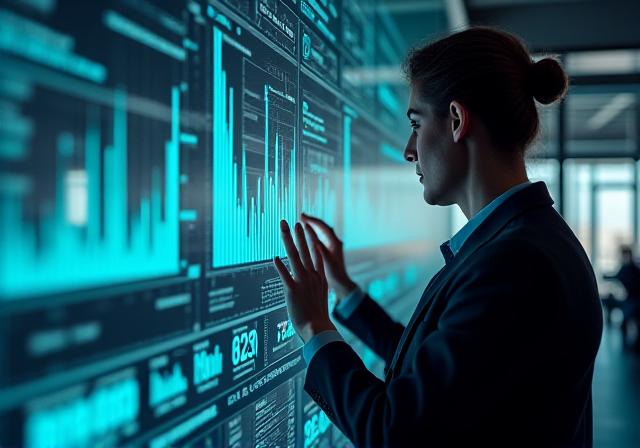 Data analyst reviewing complex market trends on a high-tech interface
